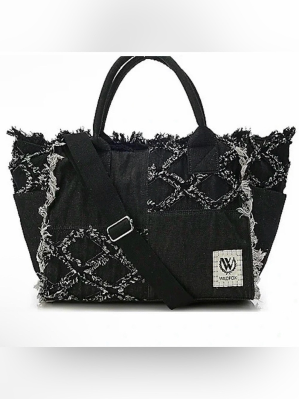 Wildfox Black Denim Distressed Black/Gray Detail Tote Bag w/adjustable strap - Picture 1 of 4